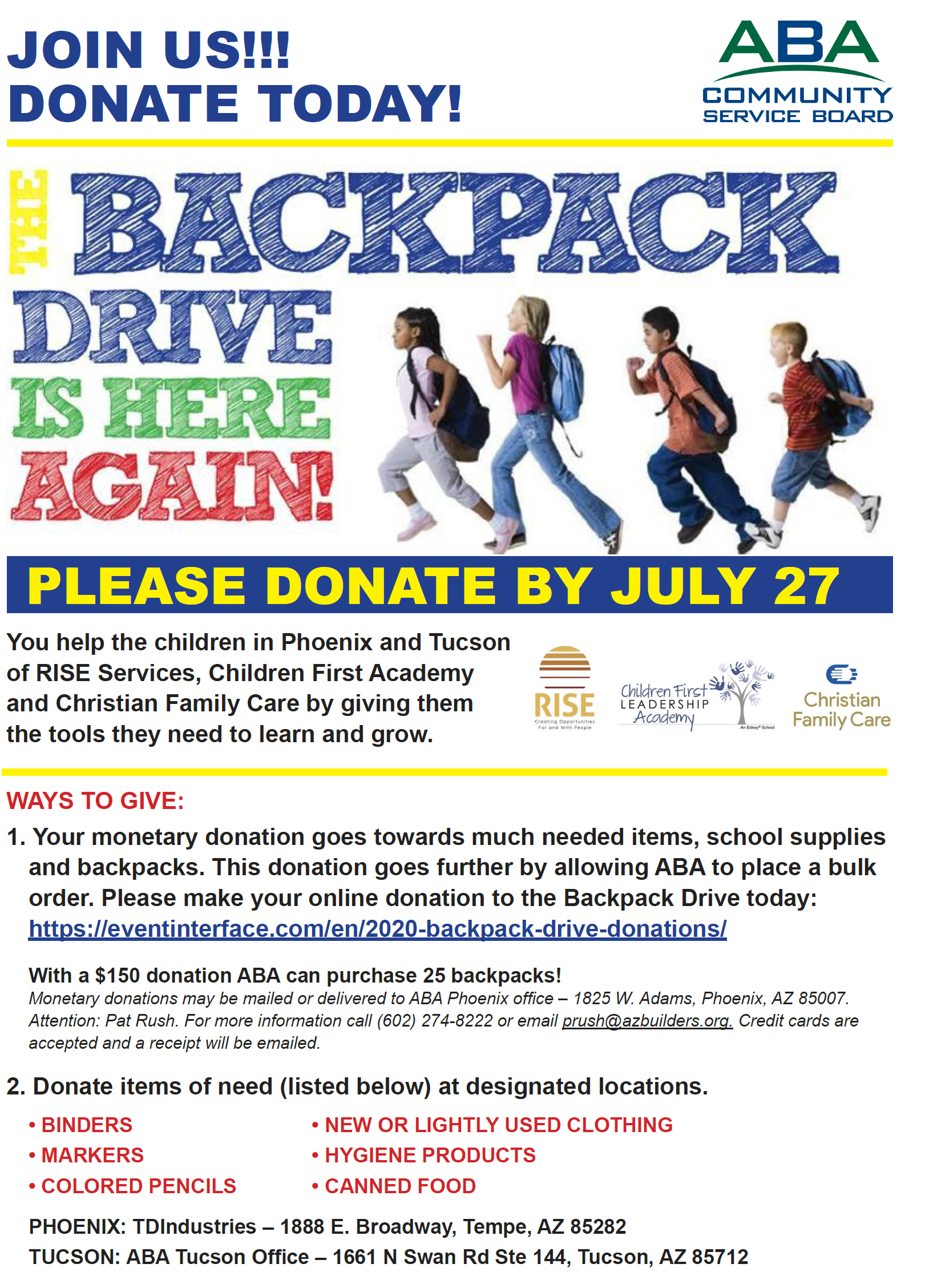 The ABA - 2020 Backpack Drive