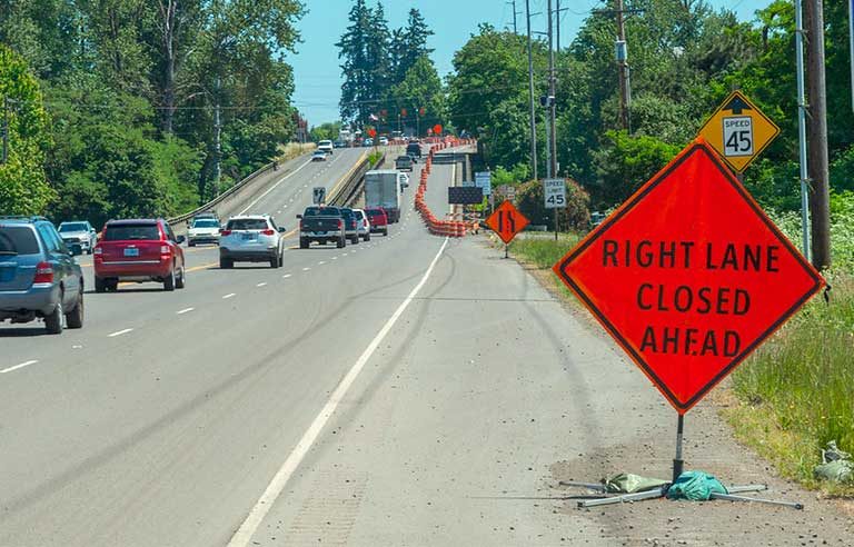 street with work zone sign