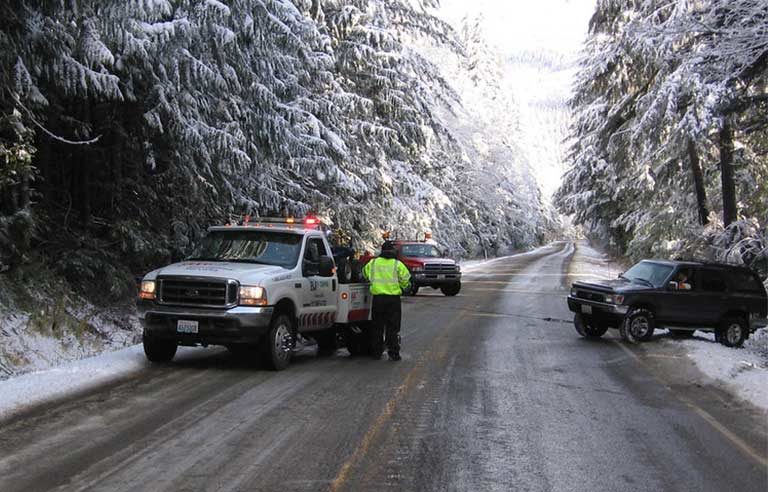 tow-truck on icy road